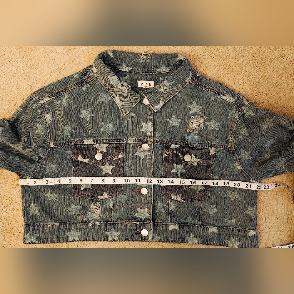 POL Stars Denim Button Distressed Crop Denim Jacket. - Picture 13 of 13